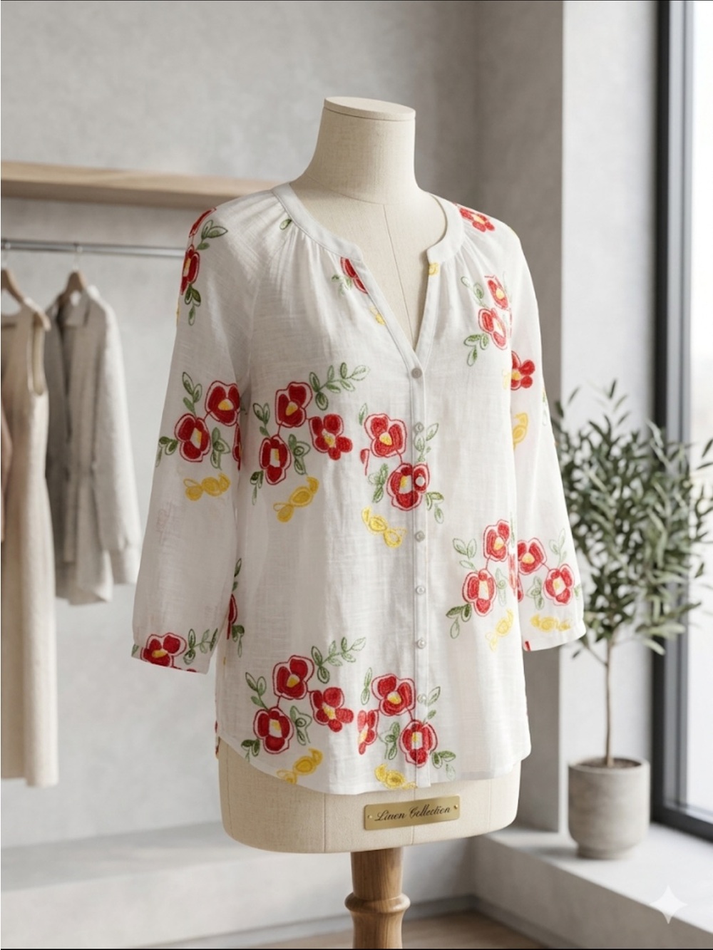 Embroidered Floral Button-Front White Top - Unbranded